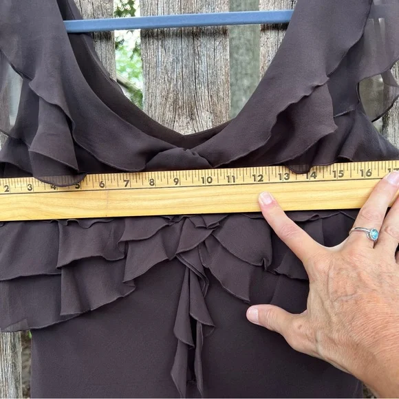 Max & Cleo brown sleeveless silk dress with ruffled bodice in Size 10, lined - Picture 5 of 11